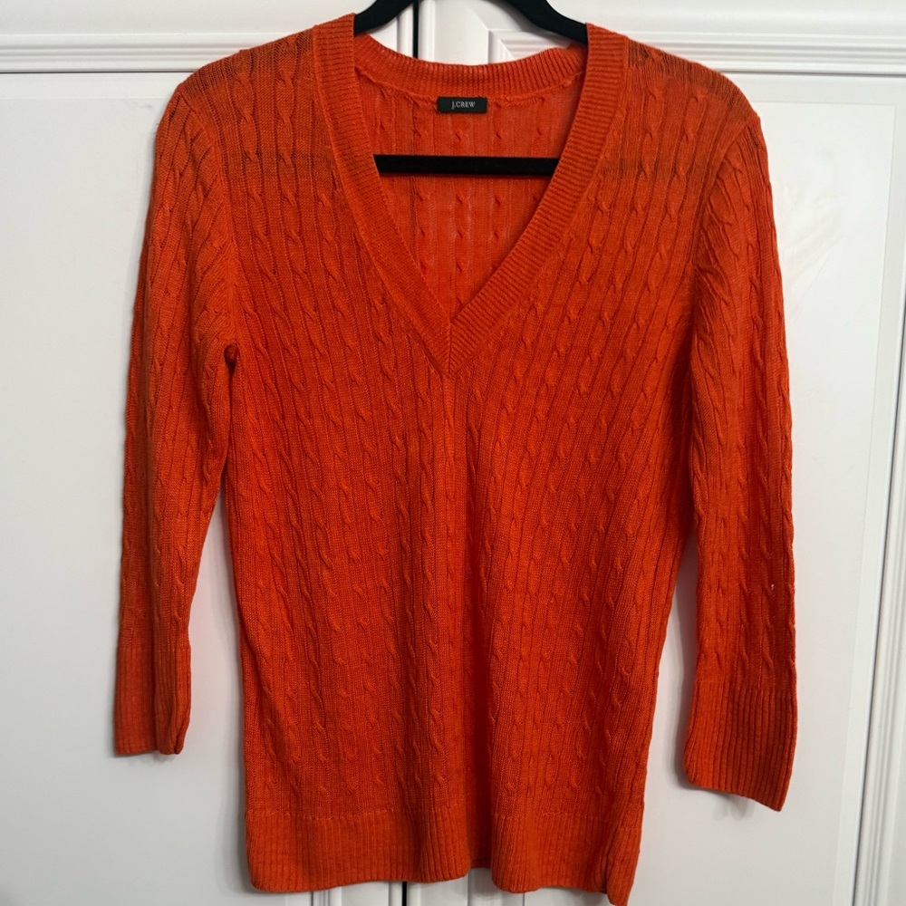 J Crew Womens Sz Small Orange Linen Blend V-Neck Lightweight Cable Knit Sweater